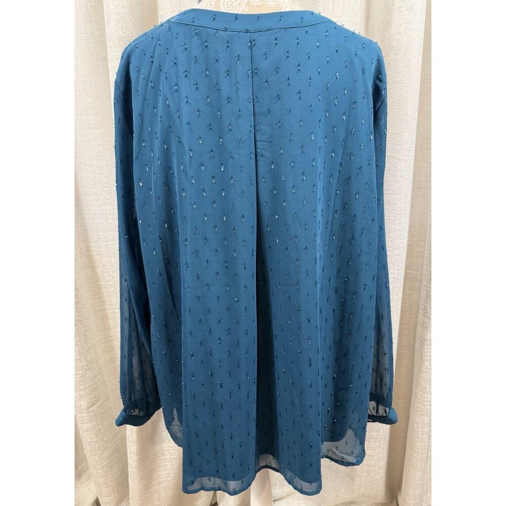 Isaac Mizrahi Live Teal Ruffle Blouse 26W Sheer Swiss Dot Tunic Top Elegant - Picture 4 of 13